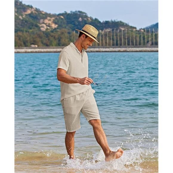 Men's 2 Pieces Linen Set Casual Henley Shirts Short Sleeve Shorts Summer Outfit - Picture 2 of 6